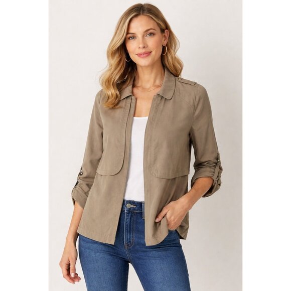 Chico’s Jackets & Blazers - Chico’s Taupe Lyocell Utility Jacket Roll Tab Sleeves Small